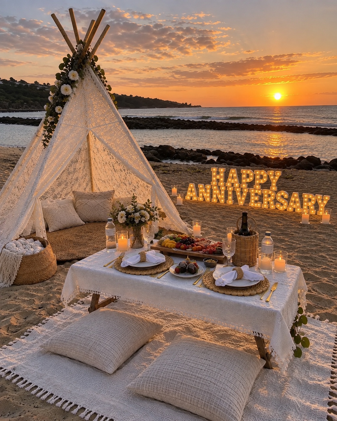 Complete romantic Anniversary Luxury Beach Picnic setup with candlelight and florals at sunset