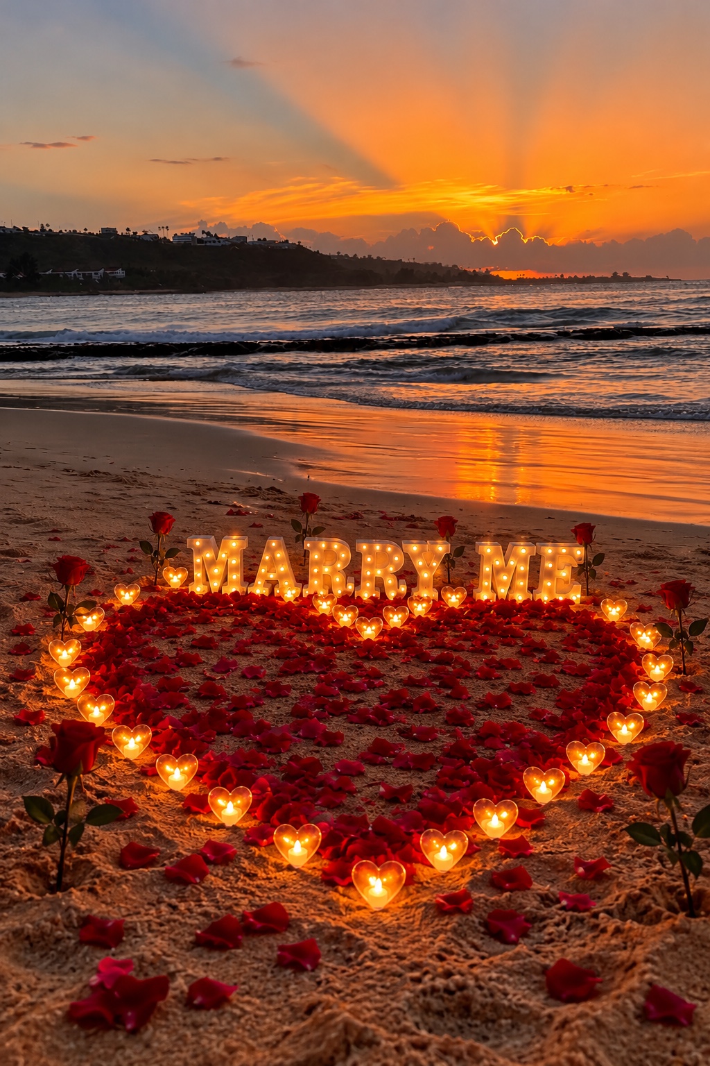 Heart-shaped rose petal proposal setup on an Isabela beach at sunset with glowing Marry Me letters and LED candles