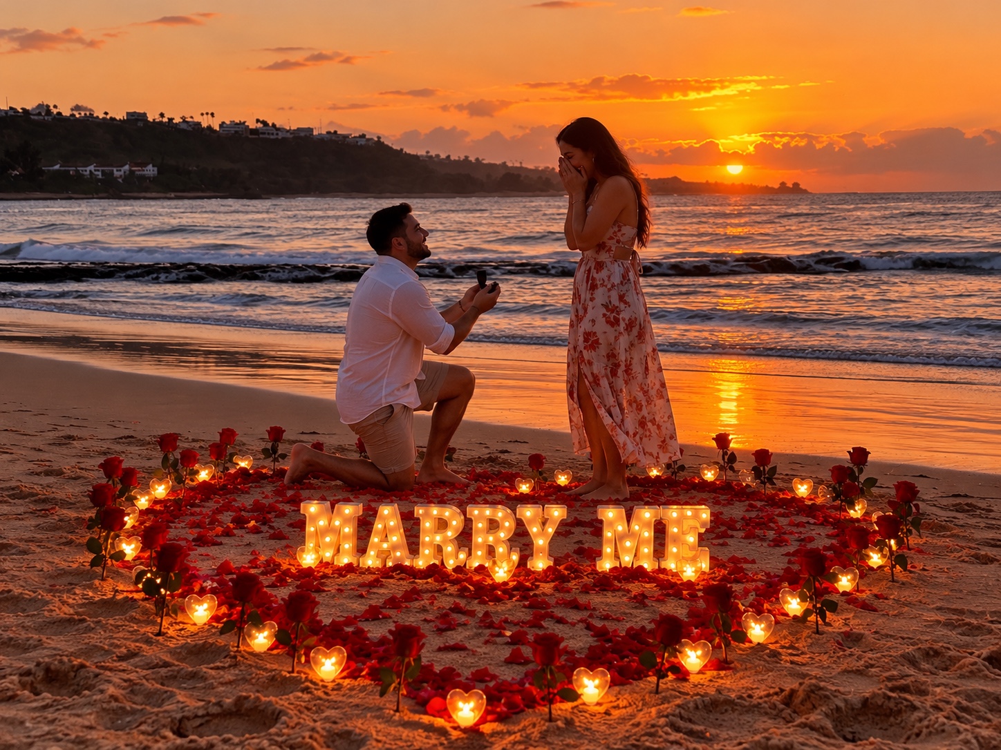 A man kneels to propose beside a heart-shaped rose and LED candle arrangement with glowing Marry Me letters on the beach at sunset