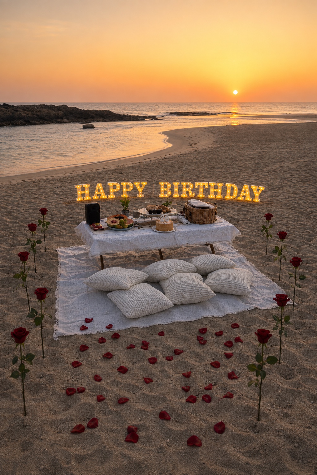 Encanto birthday picnic with marquee letters and roses at sunset