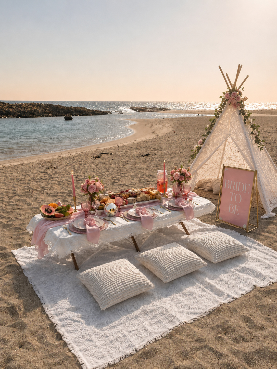 Complete Bride-to-Be Luxury Beach Picnic setup with pink décor, celebration sign and white lace teepee