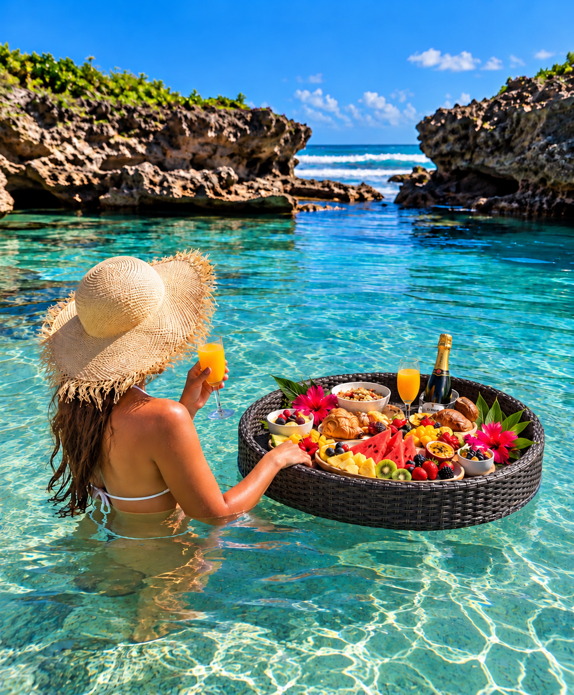 Woman enjoying brunch from a round dark woven floating tray with tropical fruit, pastries, orange juice, and champagne in Isabela’s natural ocean pool