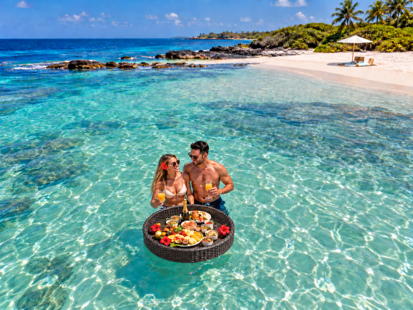 Couple enjoying brunch from a round dark woven floating tray with tropical fruit, breakfast, orange juice, and champagne in Isabela