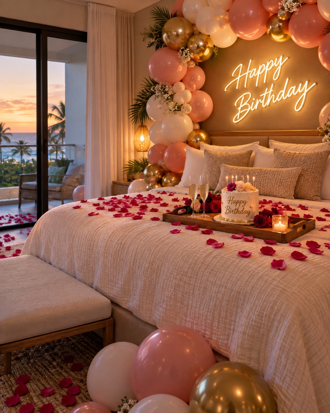 A Puerto Rico hotel room decorated with balloons, roses and a birthday cake