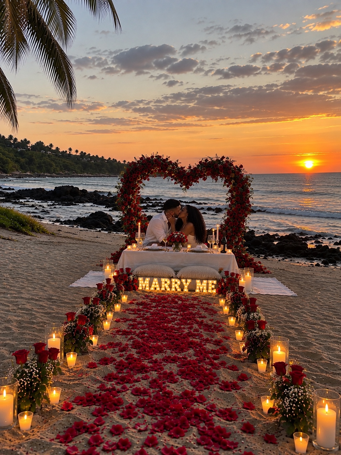 Couple kissing at a sunset beach picnic beneath a red rose heart arch, with illuminated Marry Me letters in Isabela, Puerto Rico