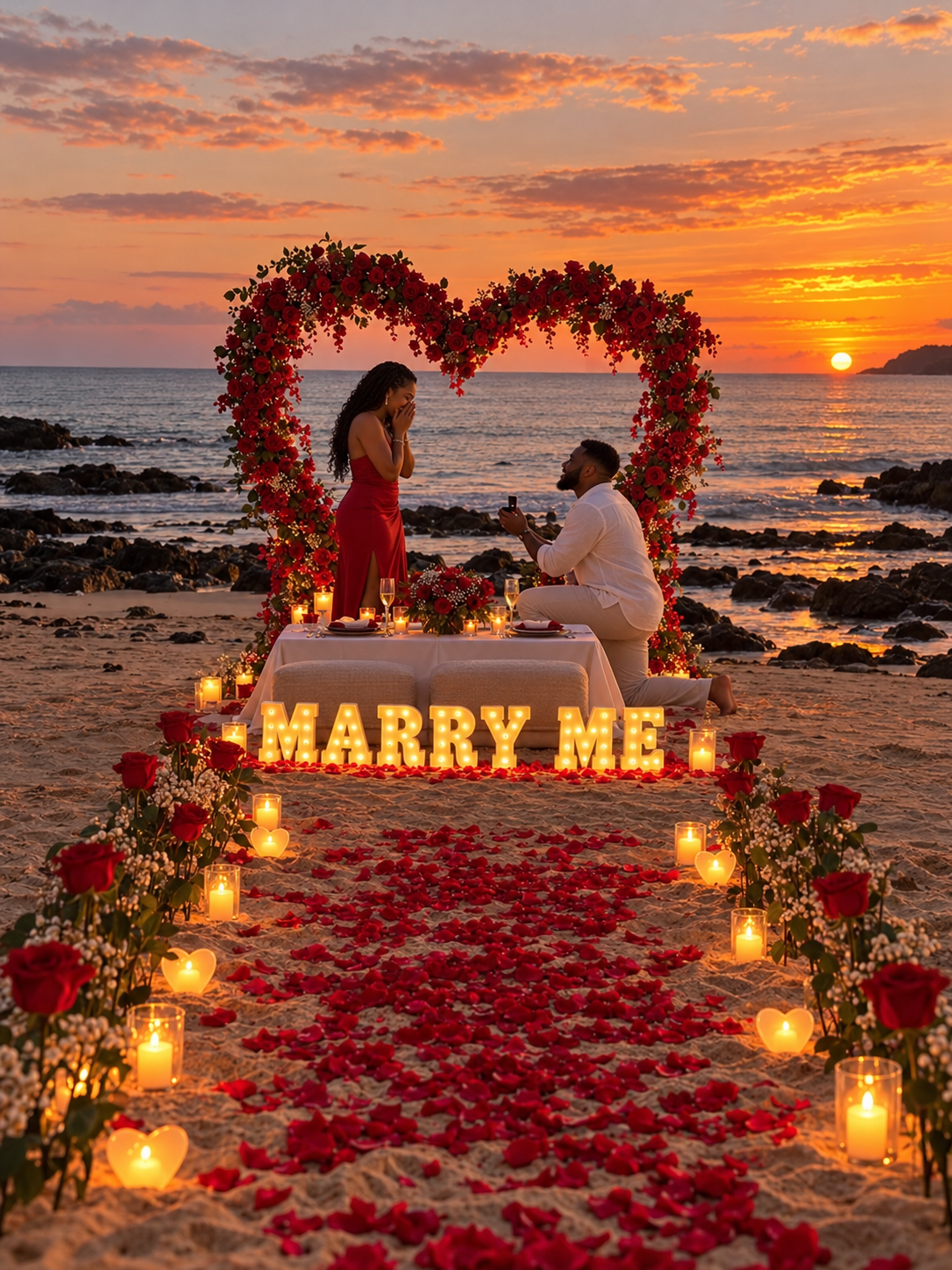Black couple celebrating a beach proposal beneath a red rose heart arch, with a white-covered picnic table and illuminated Marry Me letters in Puerto Rico