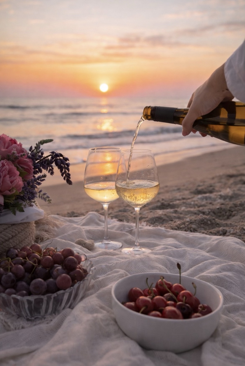 A celebratory sunset toast on the beach