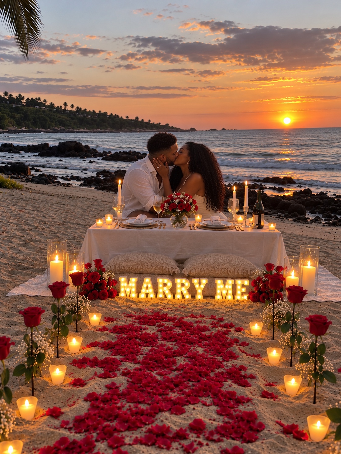Couple sharing a kiss at a rose-lined beach proposal picnic at sunset in Puerto Rico