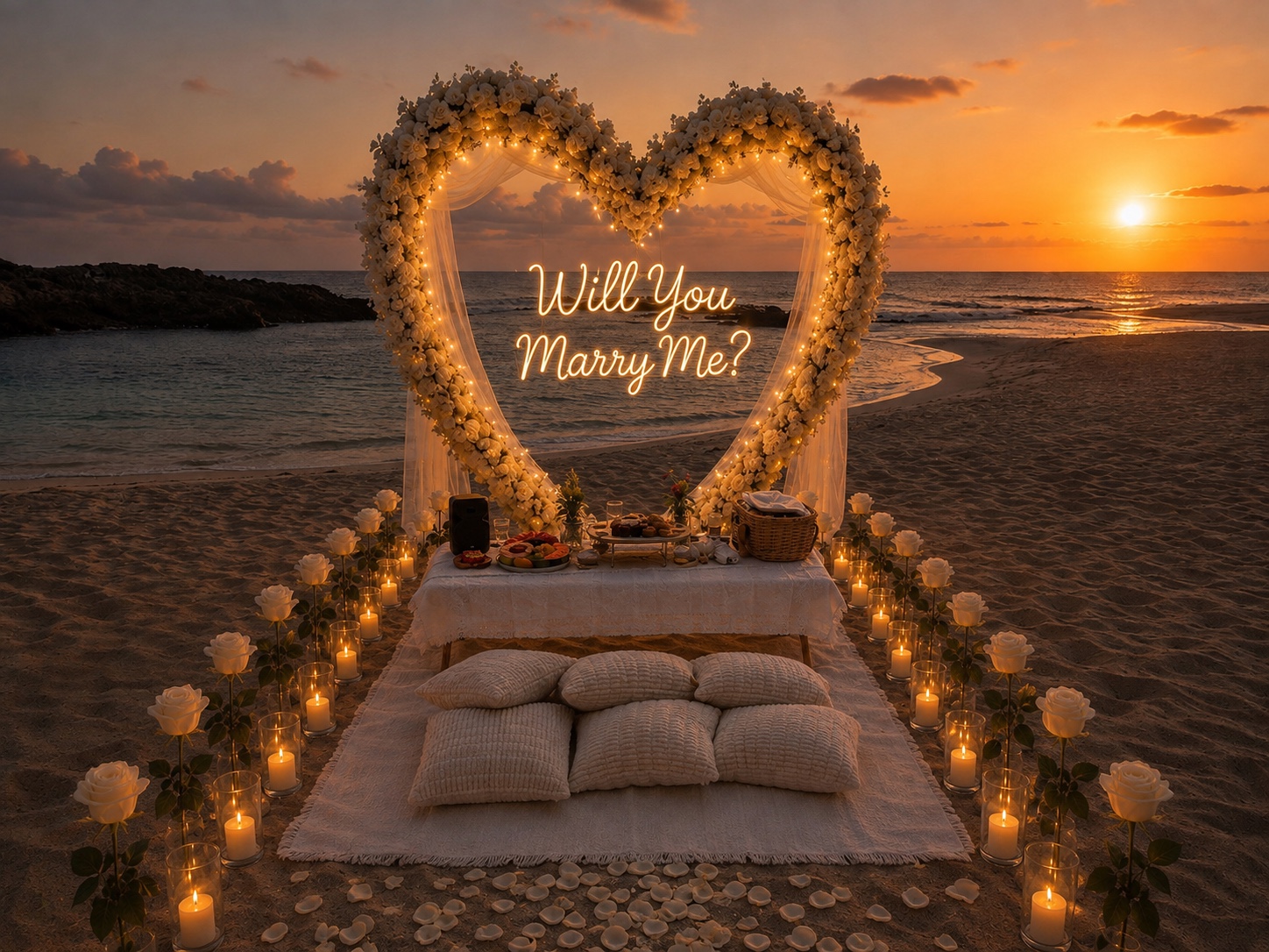 Encanto beach proposal with flower heart arch and candlelit aisle