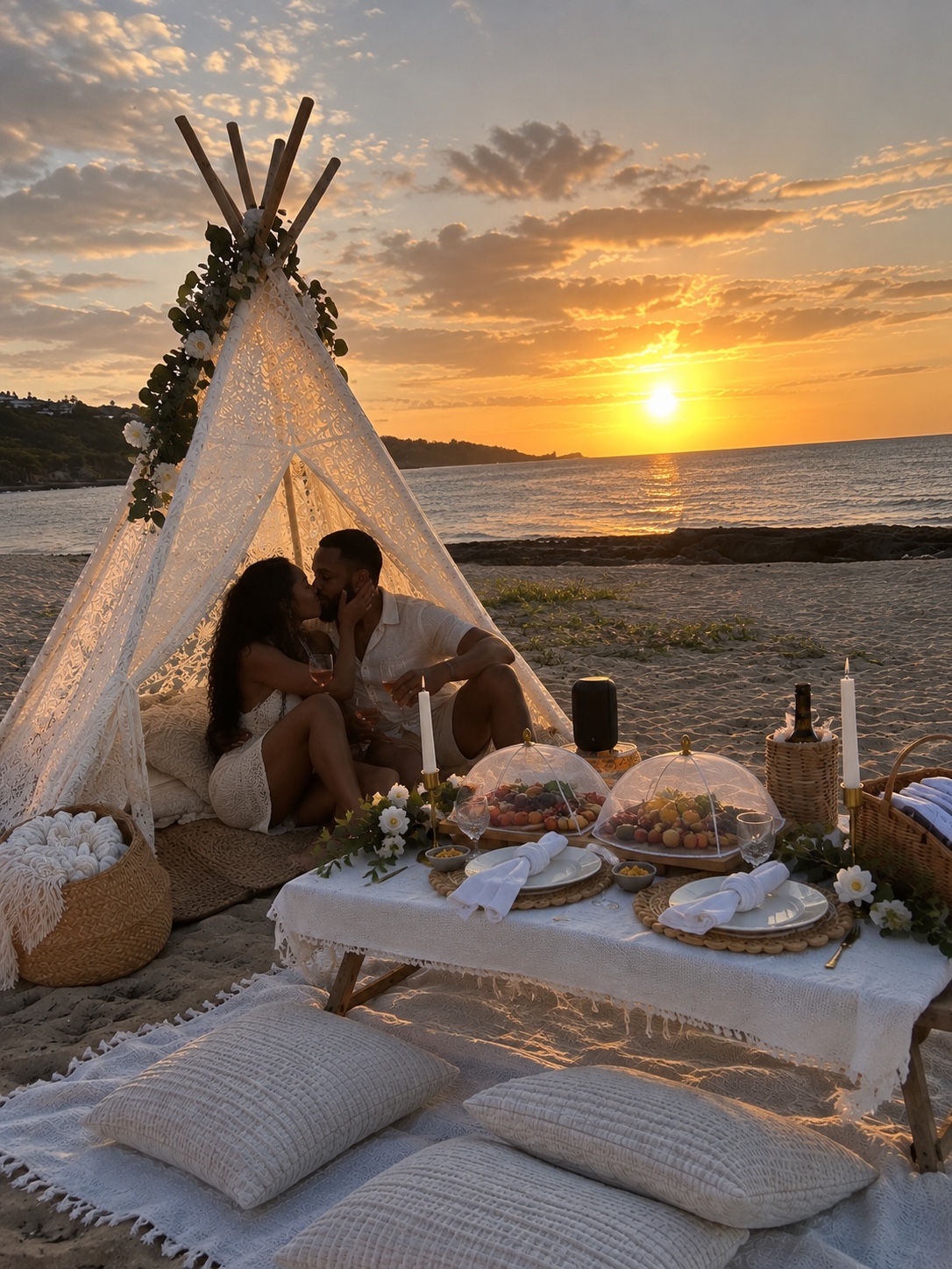 Couple sharing a romantic beach picnic in a lace teepee at sunset