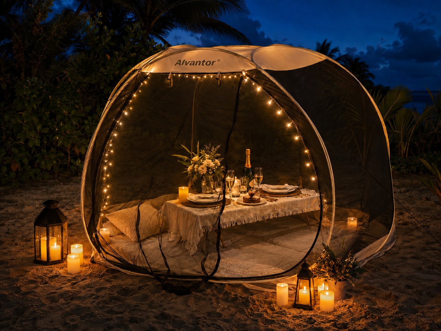 Screened tent enclosing a beach picnic table